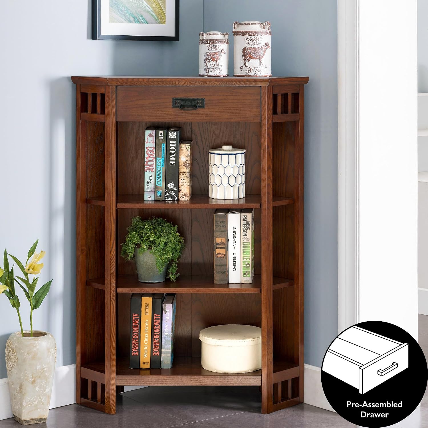 Leick Home 82263 Mission Mantel Height Corner Bookcase with Drawer Storage, Made with Solid Wood, for Entryway, Living Rooms, Home Office, Mission Oak Finish