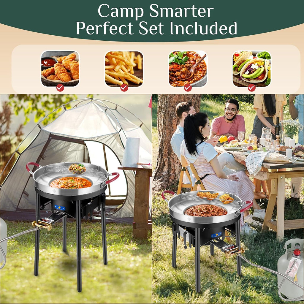 23' Concave Comal w/100,000BTU Propane Grill Burner Set, Discada disc Outdoor Cooker, Stainless Steel Griddle Fryer Cookware Set, Disco Para Cocinar, Tacos Stir Fry Wok, Paella Burner and Stand Set