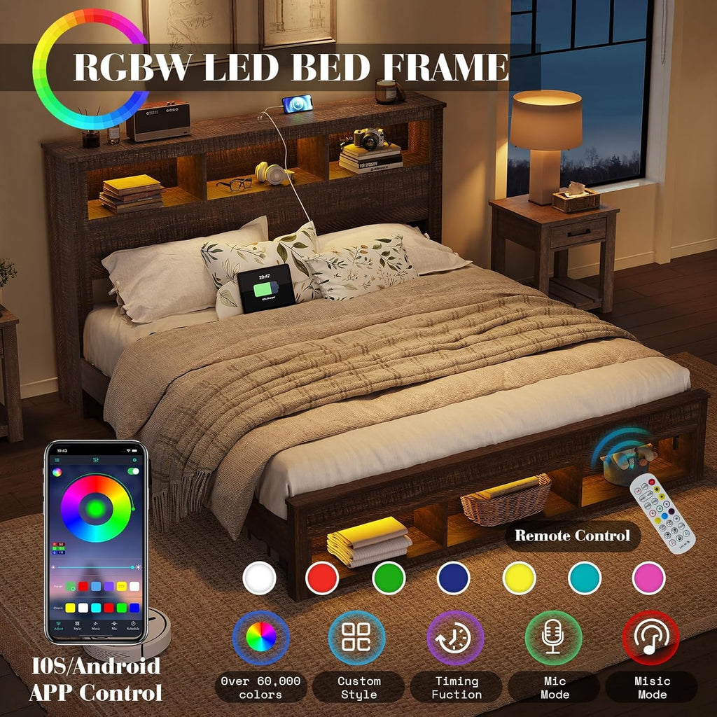 Albott Farmhouse King Size Bed Frame with Storage/Bookcase Headboard & Footboard, Wood Platform Bed with LED Lights/Charging Station, Heavy-Duty Metal Support/No Box Spring Needed/Noise-Free, Brown