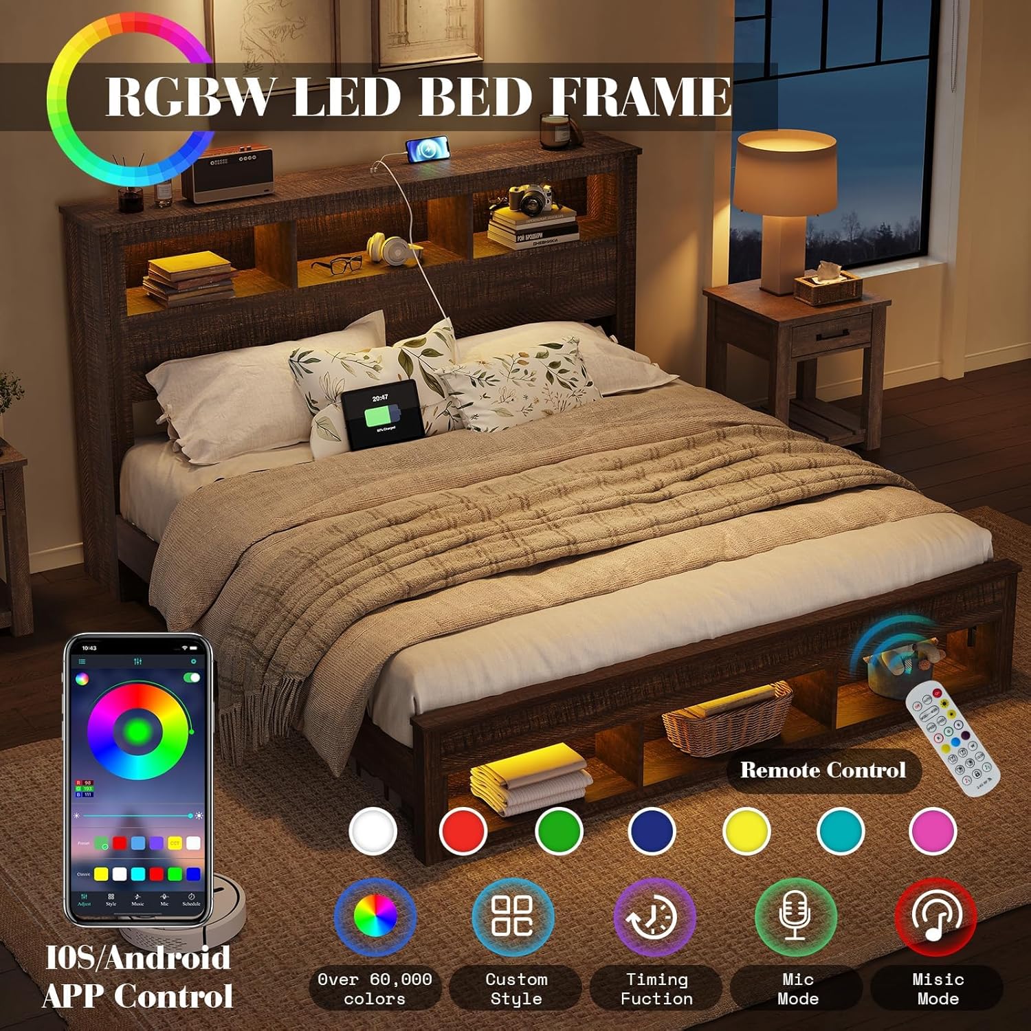Albott Farmhouse King Size Bed Frame with Storage/Bookcase Headboard & Footboard, Wood Platform Bed with LED Lights/Charging Station, Heavy-Duty Metal Support/No Box Spring Needed/Noise-Free, Brown