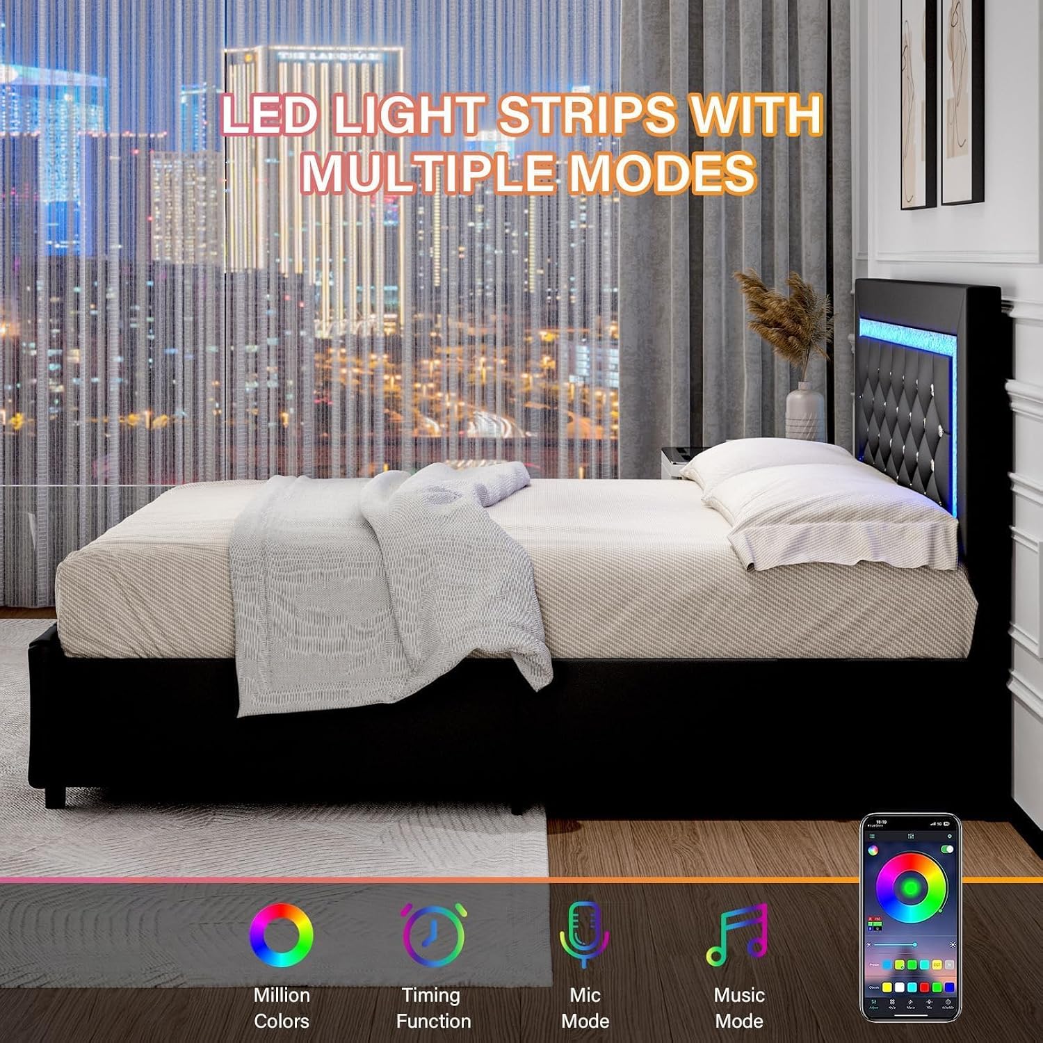 BarnFurin Full Size Bed Frame with LED Lights, Upholstered Bed Frame with Storage Drawers, Modern Platform Bed with Diamond Headboard and Footboard, No Box Spring Needed, Black