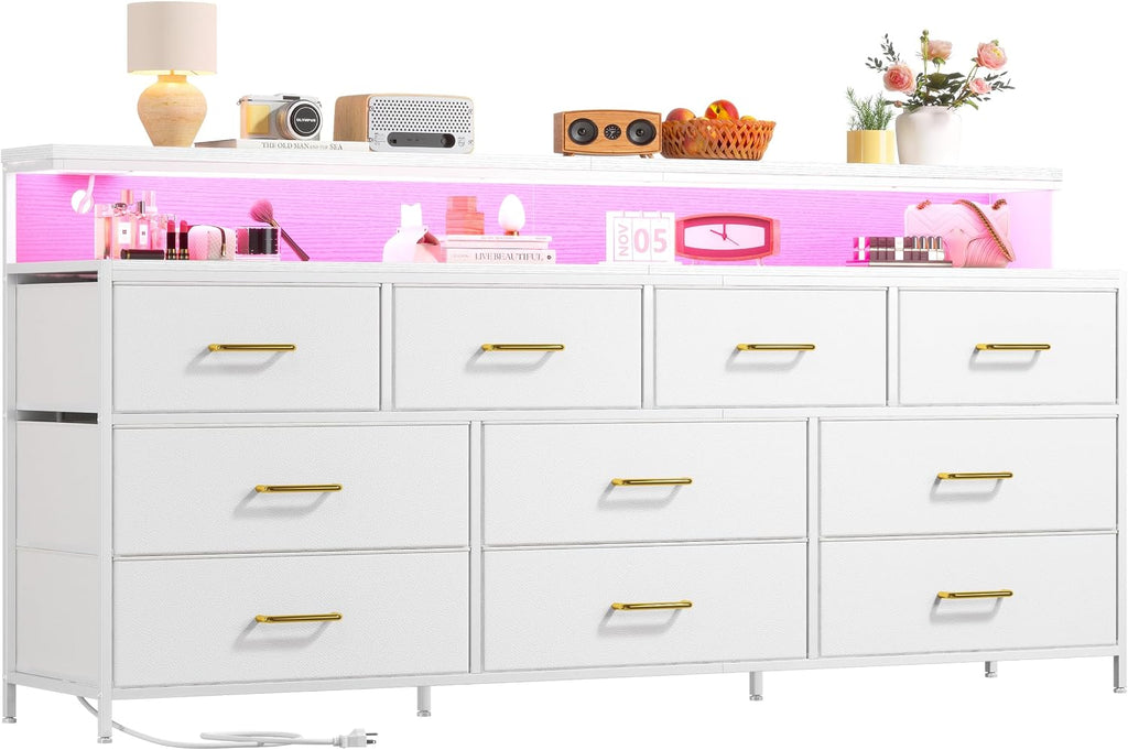 EnHomee 55' W White Dresser for Bedroom with 10 Fabric Drawers Long Dressers & Chests of Drawers with LED Lights & Power Outlets Large Dresser for Bedroom for Hallway, Metal Frame, White