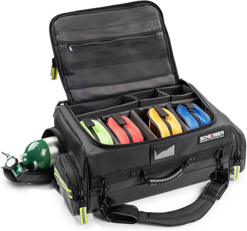 Scherber Fully Stocked First Responder Ultimate Professional EMT/EMS Trauma Kit | HSA/FSA Approved | w/10+ Compartments, Zippered Pockets, Dividers, Oxygen Access & 260+ First Aid Supplies (Black)