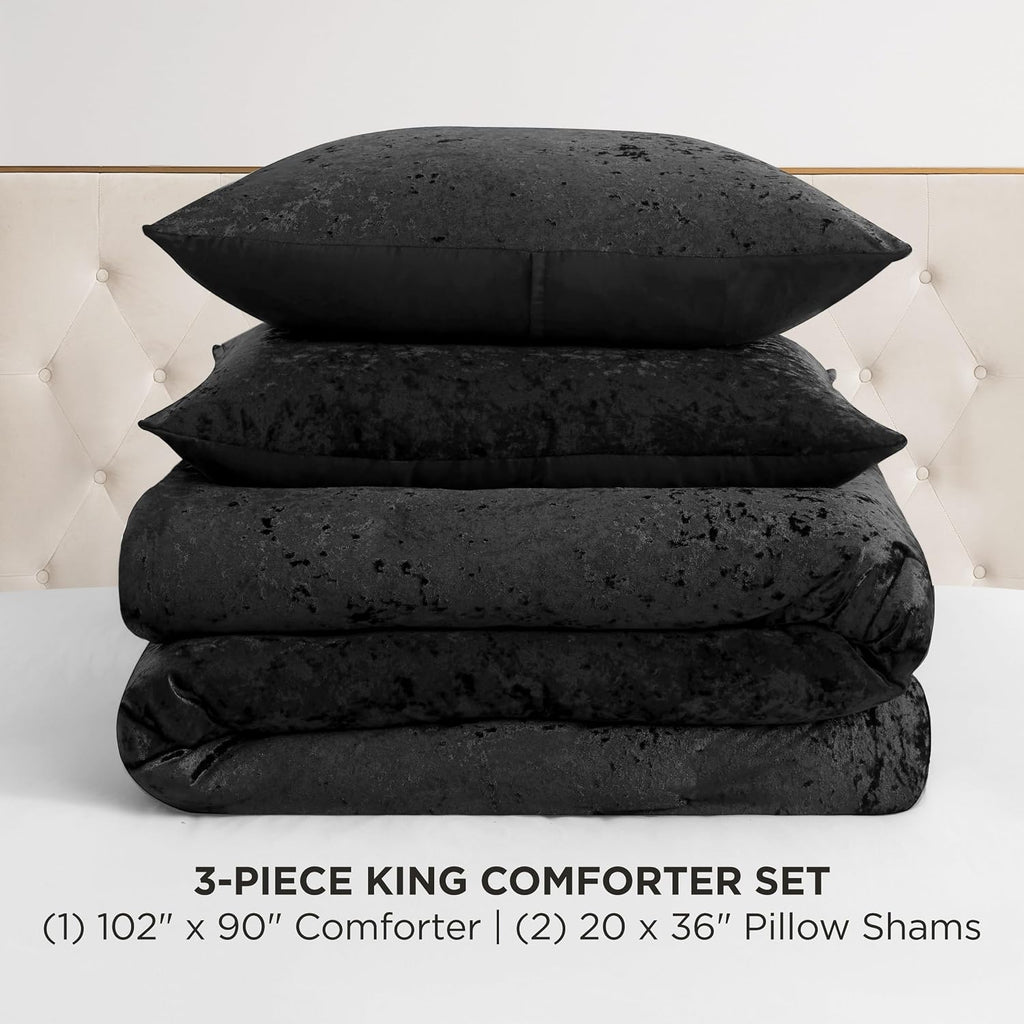 Juicy Couture Crushed Velvet King Comforter and Sham Set, 3-Piece King Bedding Set - (1) 102'x90' Comforter and (2) 20'x36' Sham - Black