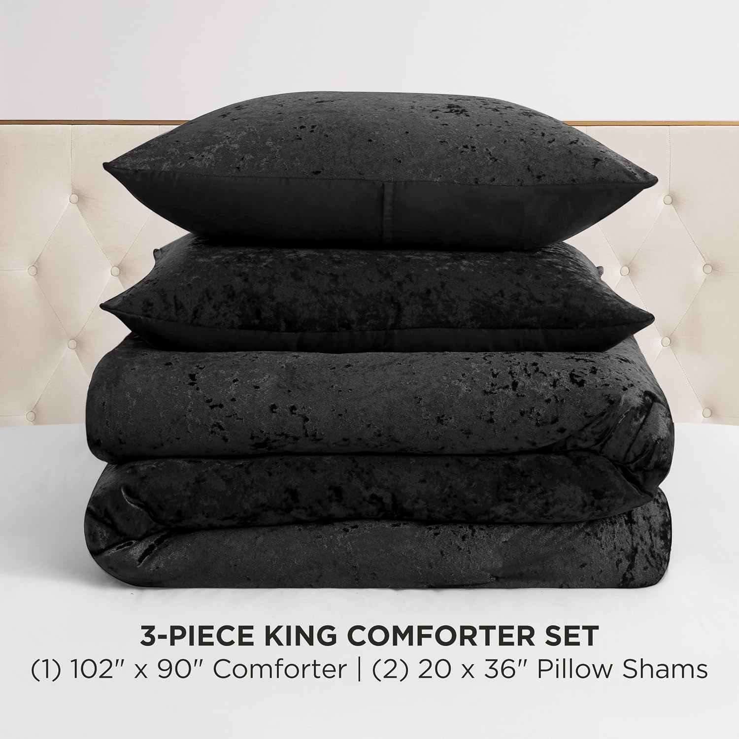 Juicy Couture Crushed Velvet King Comforter and Sham Set, 3-Piece King Bedding Set - (1) 102'x90' Comforter and (2) 20'x36' Sham - Black