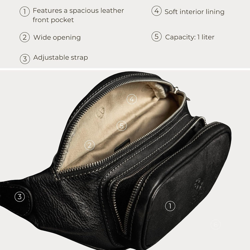 Time Resistance Leather Waist Pack - Belly Bag, Belt Bag, Fanny Pack - Handmade in Italy (Black)