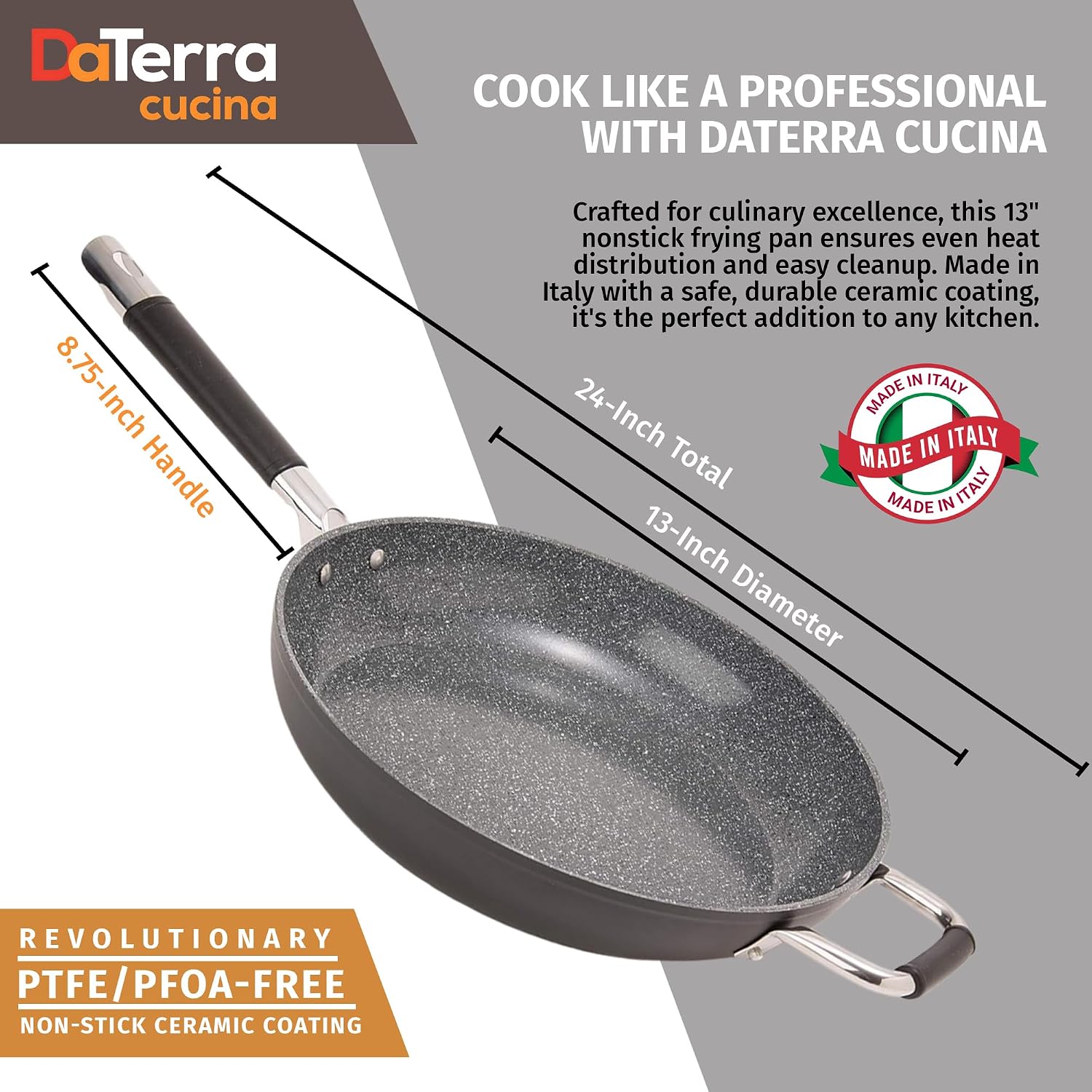 DaTerra Cucina 13' Non-stick Ceramic Frying Pan - Large Nonstick Frying Pan for Cooking - Induction Compatible & Oven Safe, High Heat Resistant - PTFE, Lead, Cadmium & PFOA Free, Made in Italy - Black