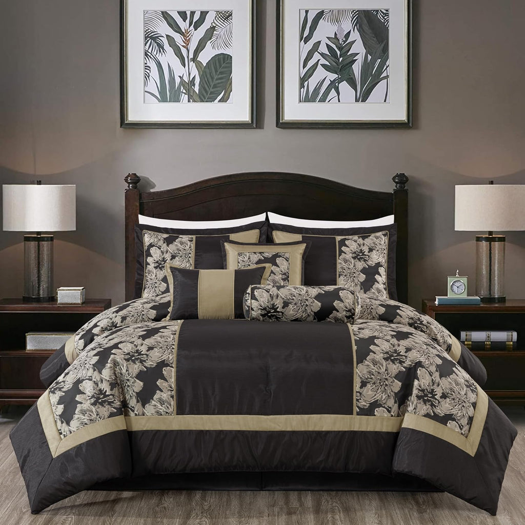 Chezmoi Collection Cameron Comforter Set King Size, 7-Piece Black Gold Hibiscus Floral Jacquard Bedding Set