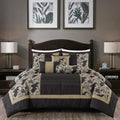 Chezmoi Collection Cameron Comforter Set King Size, 7-Piece Black Gold Hibiscus Floral Jacquard Bedding Set