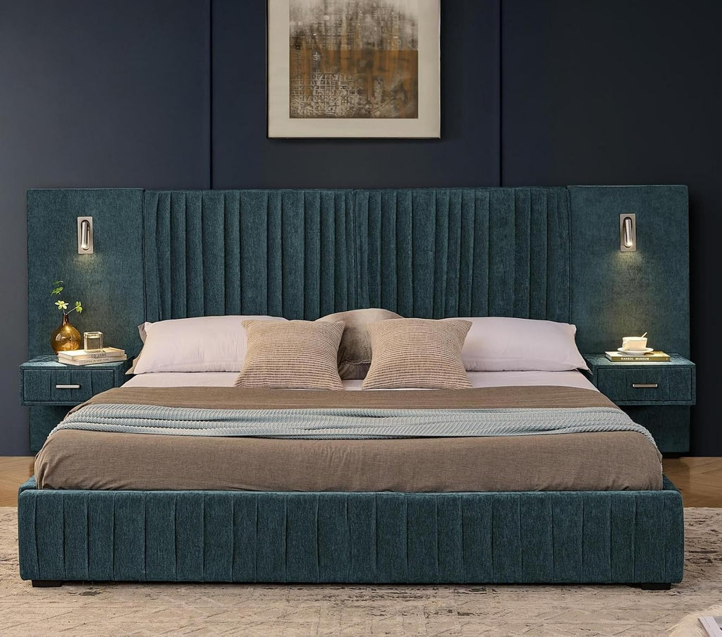KEIKI King Size Chenille Bed Frame with 2 Nightstands, Lamps & Oversize Headboard, Solid Wood Frame Platform Night Stand Bedroom Set, Upholstered Floor Grounded Bed, No Box Spring Needed, Blue Green