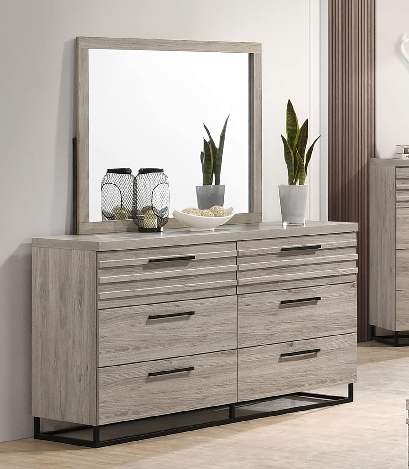 Roundhill Furniture Alvear Upholstered Wood Panel Bed, Dresser, Mirror, 2 Nightstands, and Chest, King, Weathered Gray