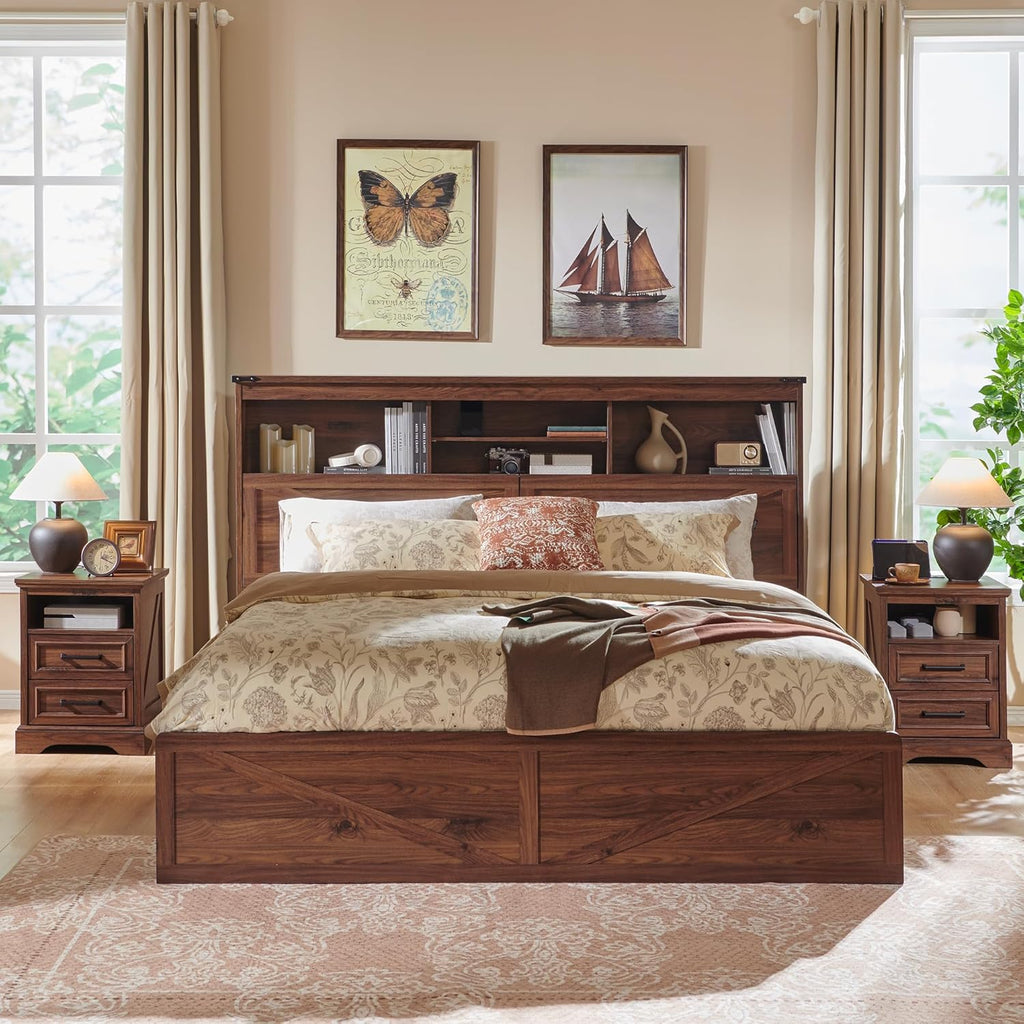 ACCOHOHO Farmhouse King Size Bed Frame with 52' Tall Storage Headboard and LED Light,Wood Platform Bed Frame with 4 Drawers and Charging Station,Solid Wood Slats Support,No Box Spring Needed,Brown