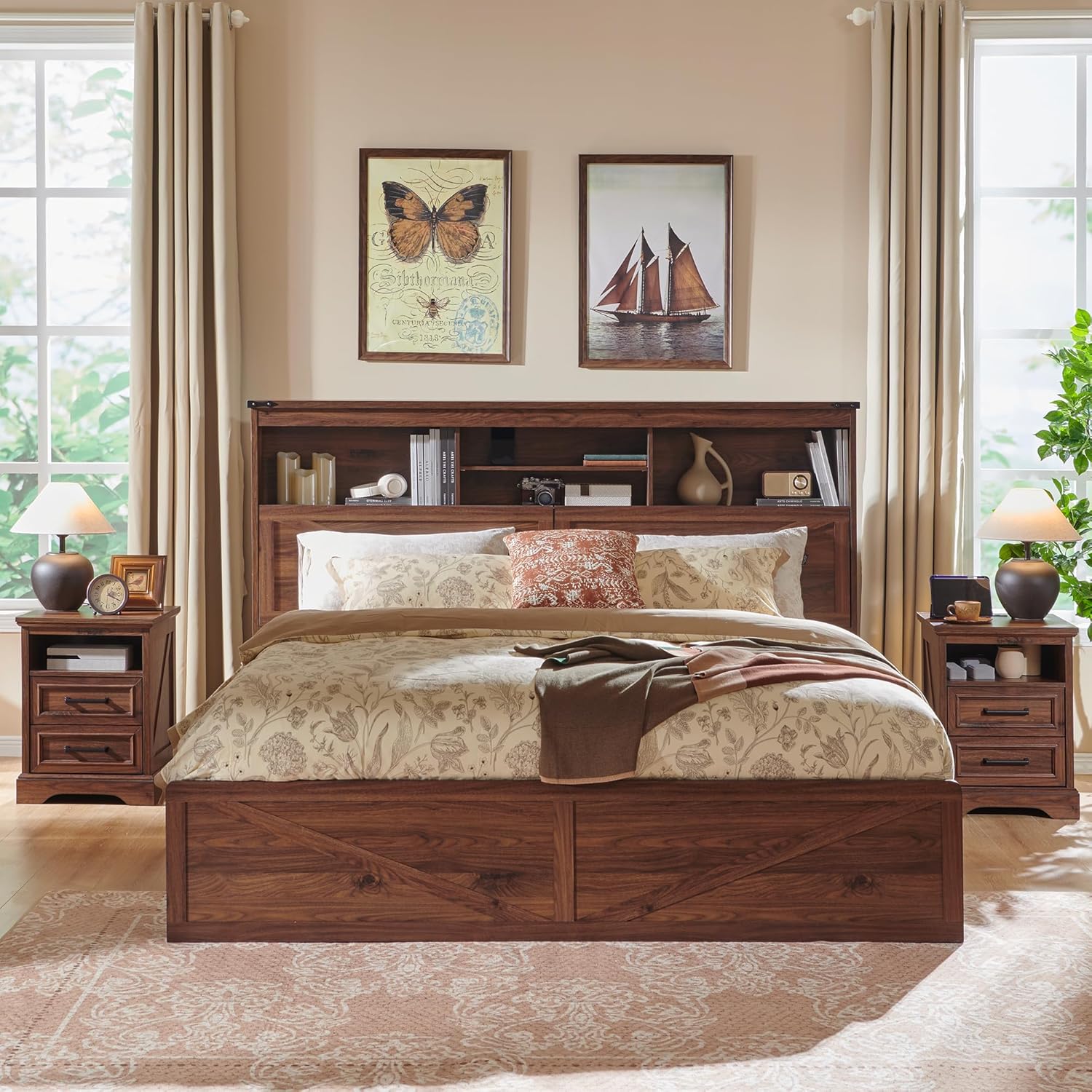 ACCOHOHO Farmhouse King Size Bed Frame with 52' Tall Storage Headboard and LED Light,Wood Platform Bed Frame with 4 Drawers and Charging Station,Solid Wood Slats Support,No Box Spring Needed,Brown