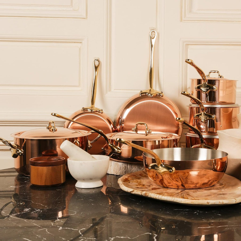 Mauviel M'Heritage 150 B 1.5mm Polished Copper & Stainless Steel Saute Pan With Lid, And Brass Handle, 1-qt, Made in France