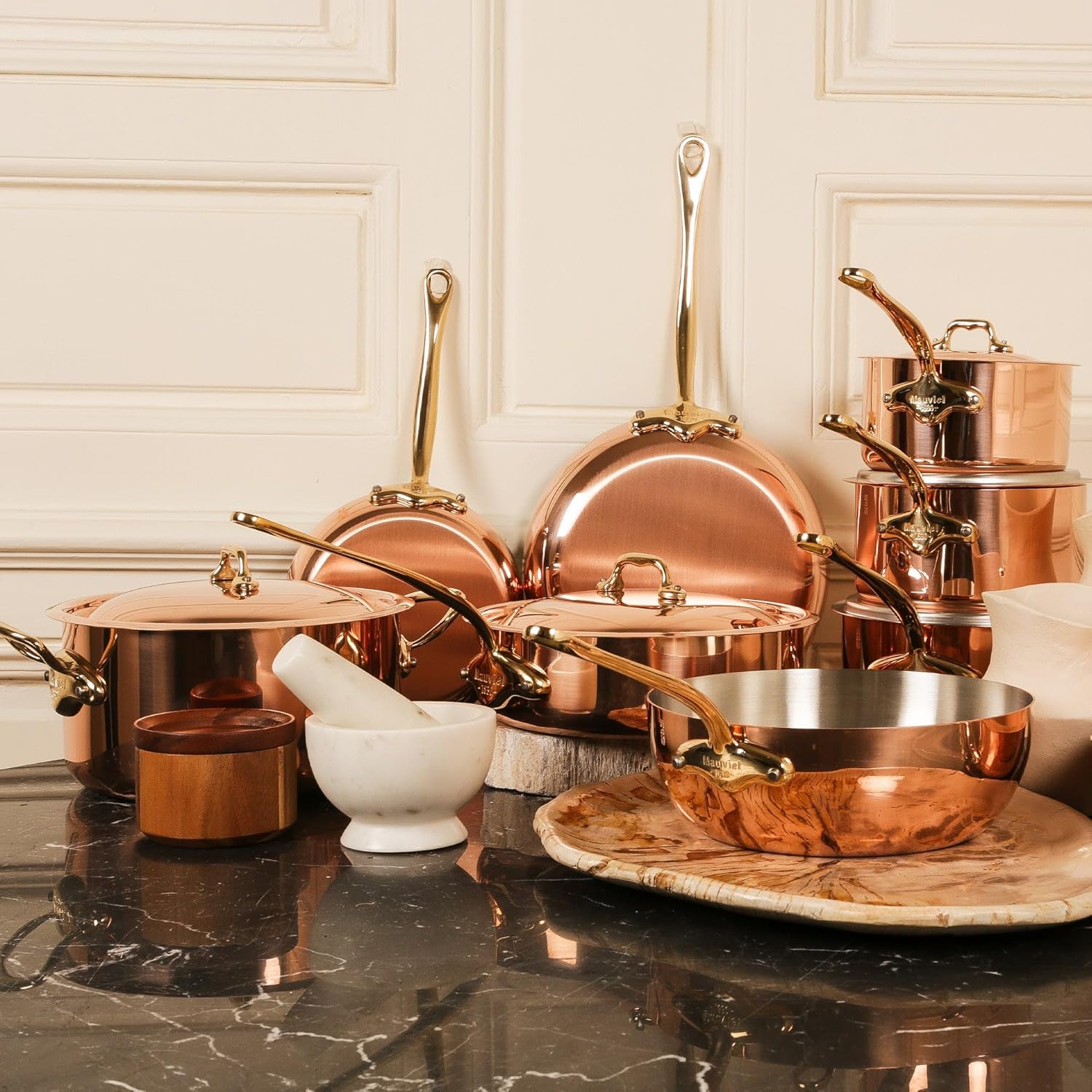 Mauviel M'Heritage 150 B 1.5mm Polished Copper & Stainless Steel Saute Pan With Lid, And Brass Handle, 1-qt, Made in France