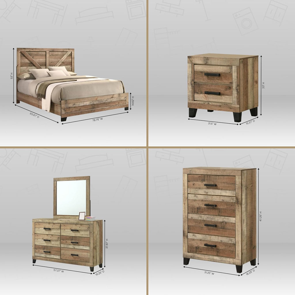 Kings Brand Furniture 6-Piece Antique Natural King Size Bedroom Set - Bed, Dresser, Mirror, Chest and 2 Nightstands