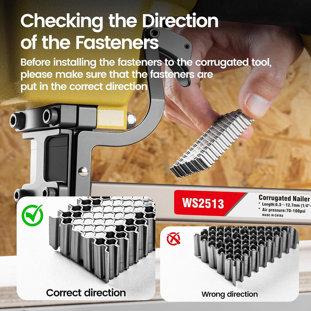 meite Pneumatic Corrugated Stapler, Accepts 25 Gauge 1-Inch Crown (1/4-Inch to 1/2-Inch Length) Corrugated Fasteners, Pneumatic Corrugated Fastening Tool for Woodworking (Model WS2513)