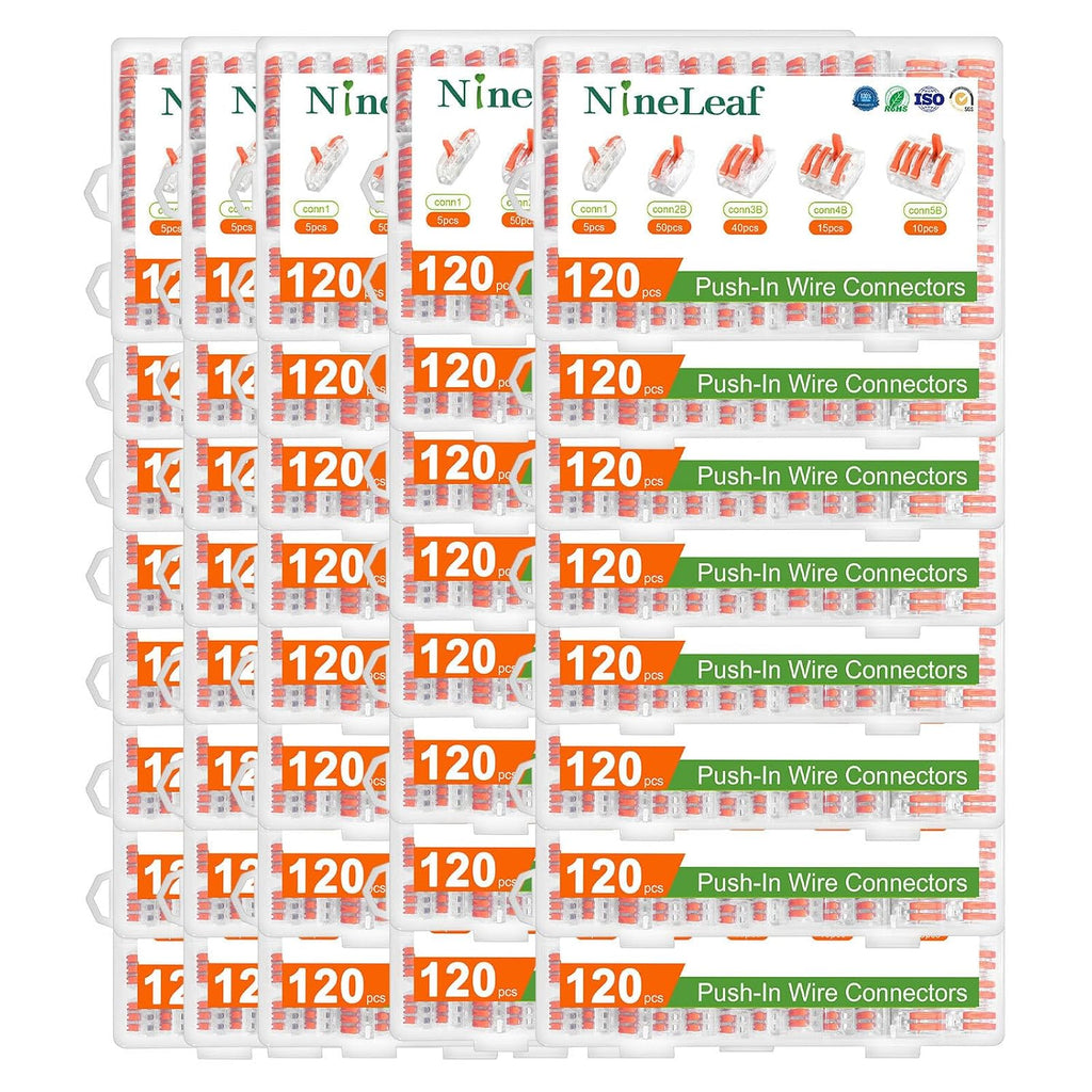 NineLeaf 120 Pcs Lever Wire Connectors Kit, 1/2/3/4/5 Port Combination, Push-in Electrical Wire Nuts AWG 28–12, Reusable Transparent Quick Connectors with Voltage Test Hole,40 Set