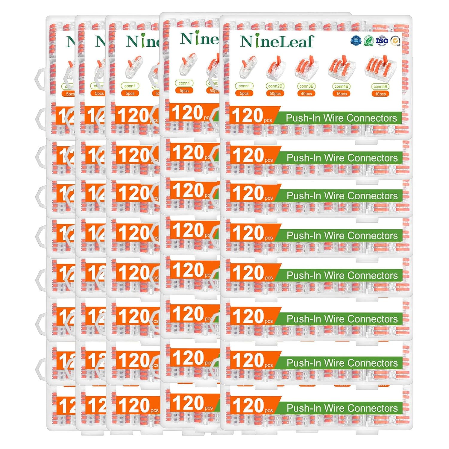 NineLeaf 120 Pcs Lever Wire Connectors Kit, 1/2/3/4/5 Port Combination, Push-in Electrical Wire Nuts AWG 28–12, Reusable Transparent Quick Connectors with Voltage Test Hole,40 Set