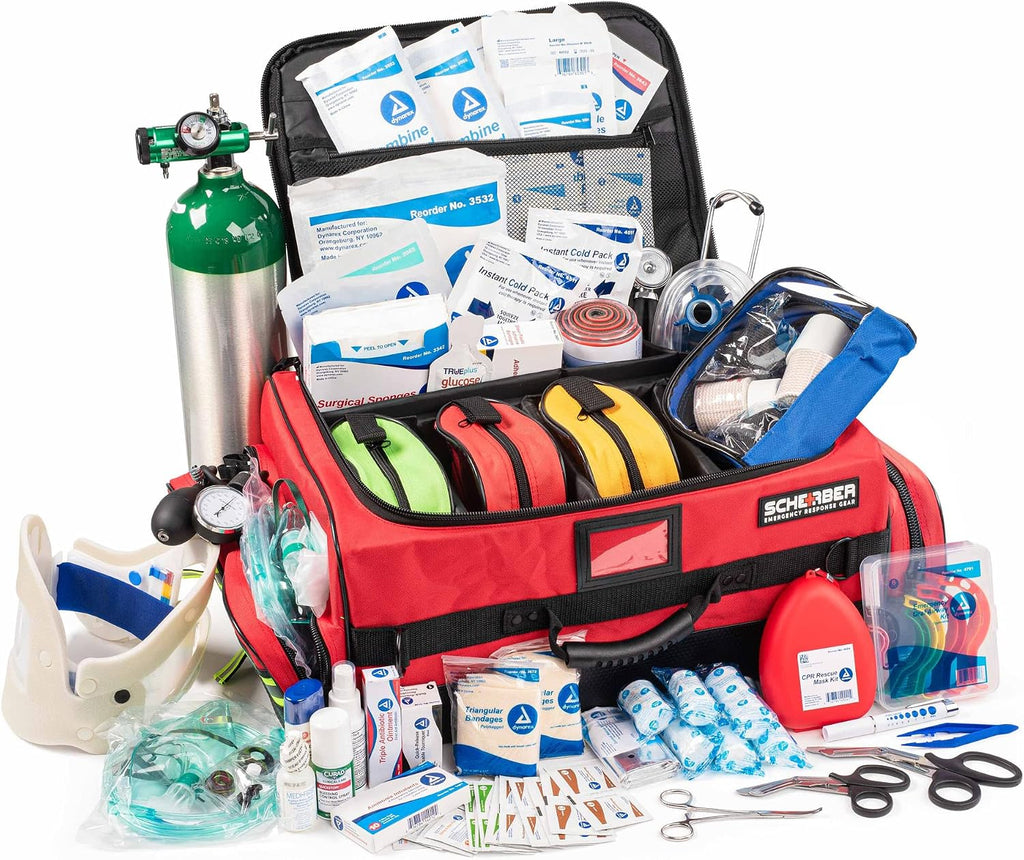 Scherber Fully Stocked First Responder Ultimate Professional EMT/EMS Trauma Kit | HSA/FSA Approved | w/10+ Compartments, Zippered Pockets, Dividers, Oxygen Access & 260+ First Aid Supplies (Red)