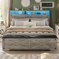 Hasuit Queen Size Bed Frame with Storage Ottoman, Farmhouse Bed Frame with Charging Station and Led Light, Headboard with Storage Rack, Metal Slats, No Noise Design, No Box Spring Needed,Oak Grey