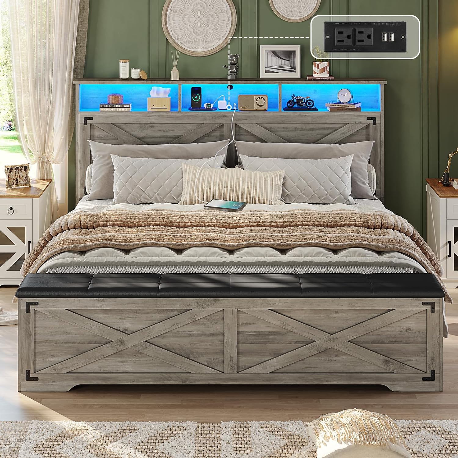 Hasuit Queen Size Bed Frame with Storage Ottoman, Farmhouse Bed Frame with Charging Station and Led Light, Headboard with Storage Rack, Metal Slats, No Noise Design, No Box Spring Needed,Oak Grey