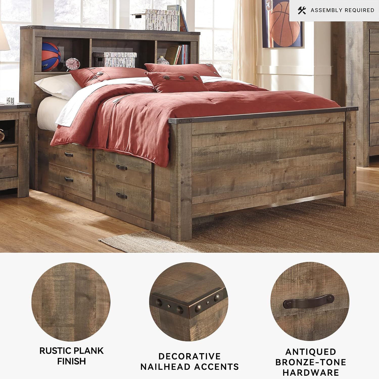 Signature Design by Ashley Trinell Casual Full Bookcase Platform Bed with 2 Storage Drawers and Nailheads, Foundation or Box Spring Not Needed, Dark Brown