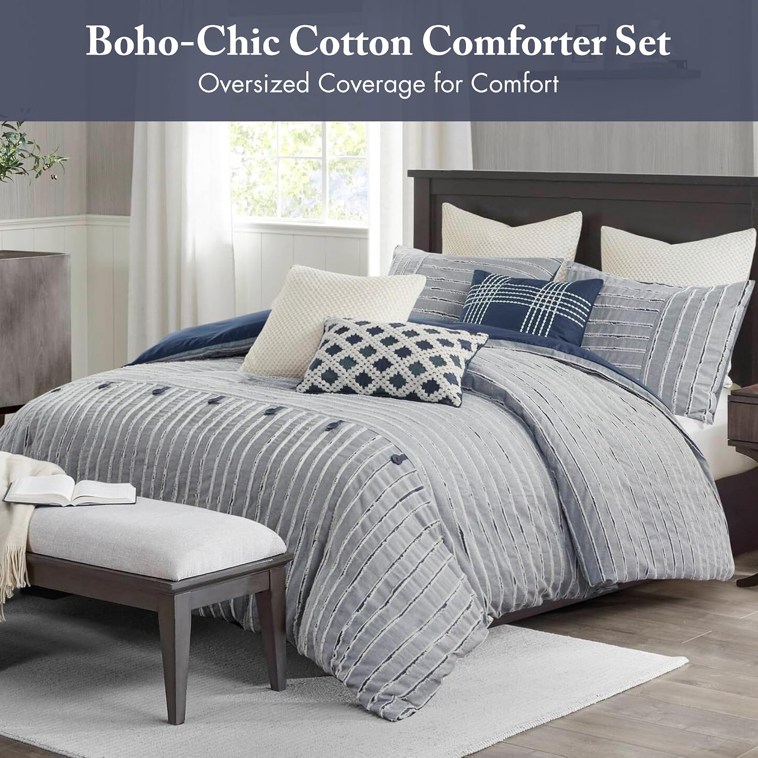 Madison Park Queen Comforter Cotton Clipped Jacquard, Oversized Comforters Queen Size Bed, All Season Down Alternative Overfilled Queen Size Comforter, Essence, Full/Queen, Blue 8 Piece