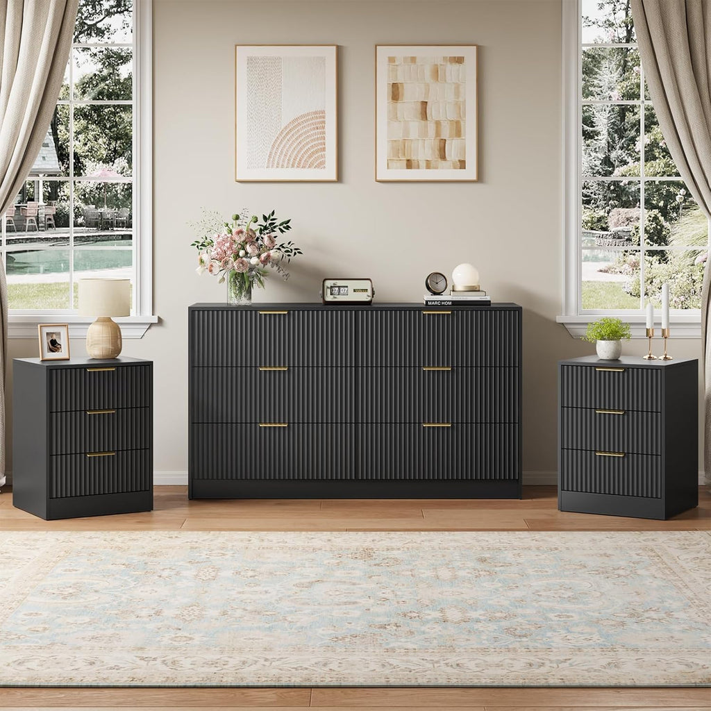 Black Fluted Dresser & Nightstand Set 3-Piece, Long 6 Drawer Dresser and Night Stand Set of 2 with Metal Handle, Fluted Modern Wood Chest of Drawers Storage Dressers Set for Bedroom, Black