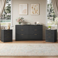 Black Fluted Dresser & Nightstand Set 3-Piece, Long 6 Drawer Dresser and Night Stand Set of 2 with Metal Handle, Fluted Modern Wood Chest of Drawers Storage Dressers Set for Bedroom, Black