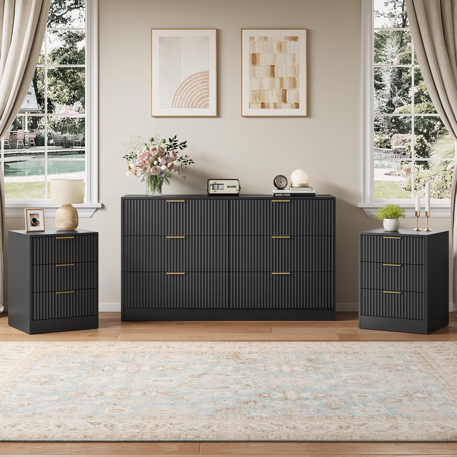 Black Fluted Dresser & Nightstand Set 3-Piece, Long 6 Drawer Dresser and Night Stand Set of 2 with Metal Handle, Fluted Modern Wood Chest of Drawers Storage Dressers Set for Bedroom, Black