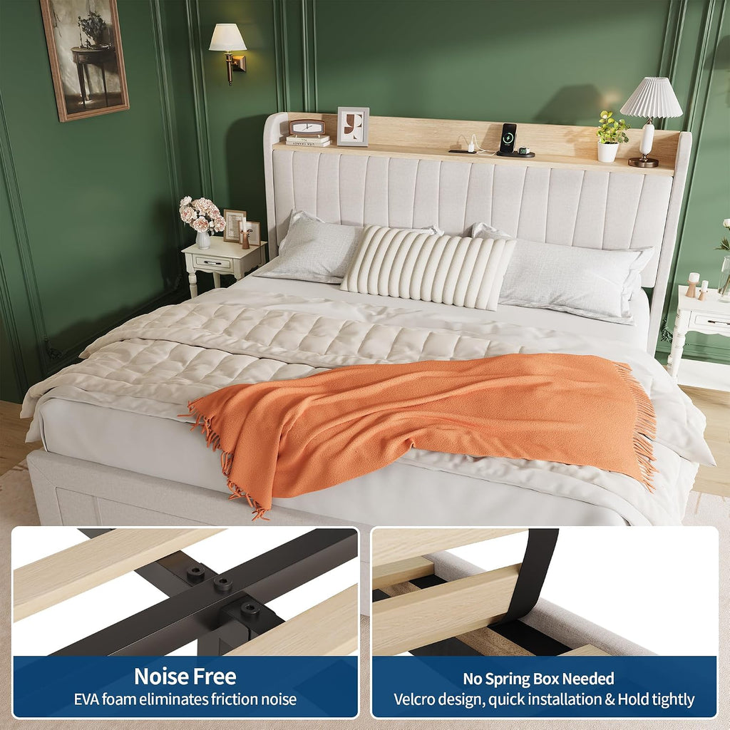 GarveeHome King Size Bed Frame with Storage Headboard, Upholstered Platform Beds with Drawers, Charging Station, Noise-Free, No Box Spring Needed, Easy Assembly, Beige