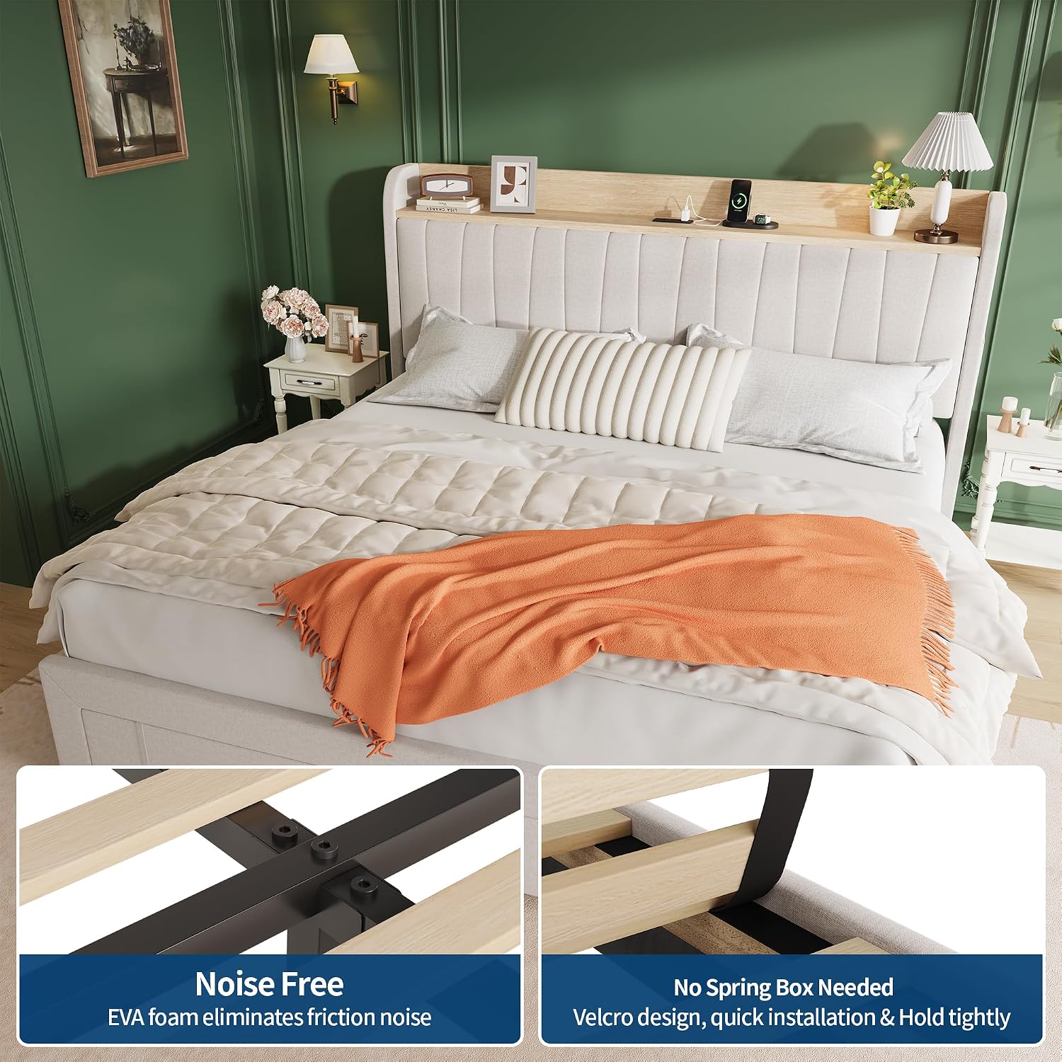 GarveeHome King Size Bed Frame with Storage Headboard, Upholstered Platform Beds with Drawers, Charging Station, Noise-Free, No Box Spring Needed, Easy Assembly, Beige