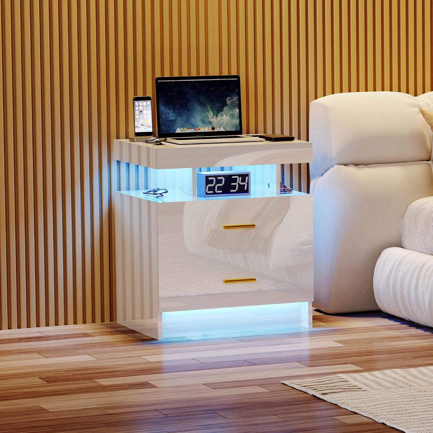 Lvifur Nightstand with Wireless Charging Station - Modern Night Stand with RGB Lights, Glossy Bedside Table with Drawers for Bedroom, End Table with Human Body Induction (White)