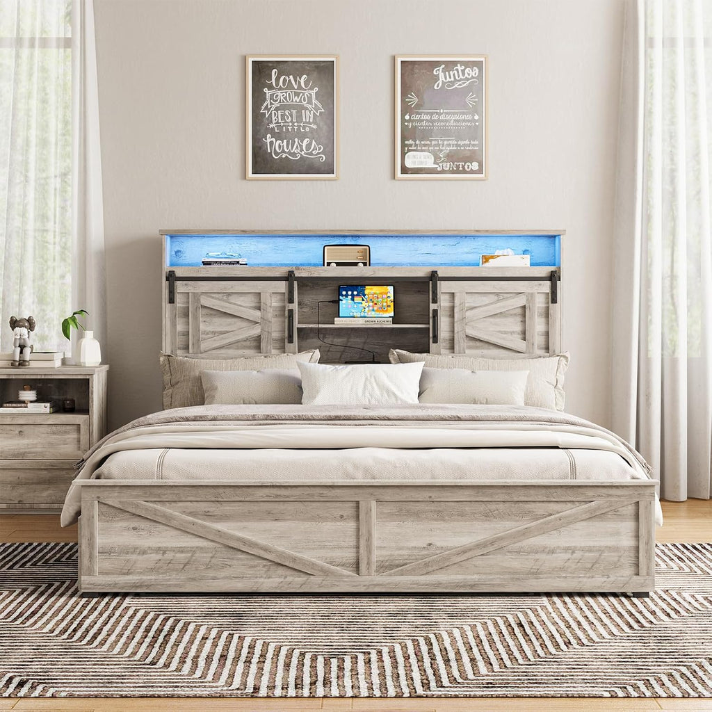 Fameill Farmhouse King Size Bed Frame with 4 Drawers and Bookcase Headboard, Sliding Barn Door Storage Shelves, LED Lights and Charging Station, No Box Spring Needed, Grey