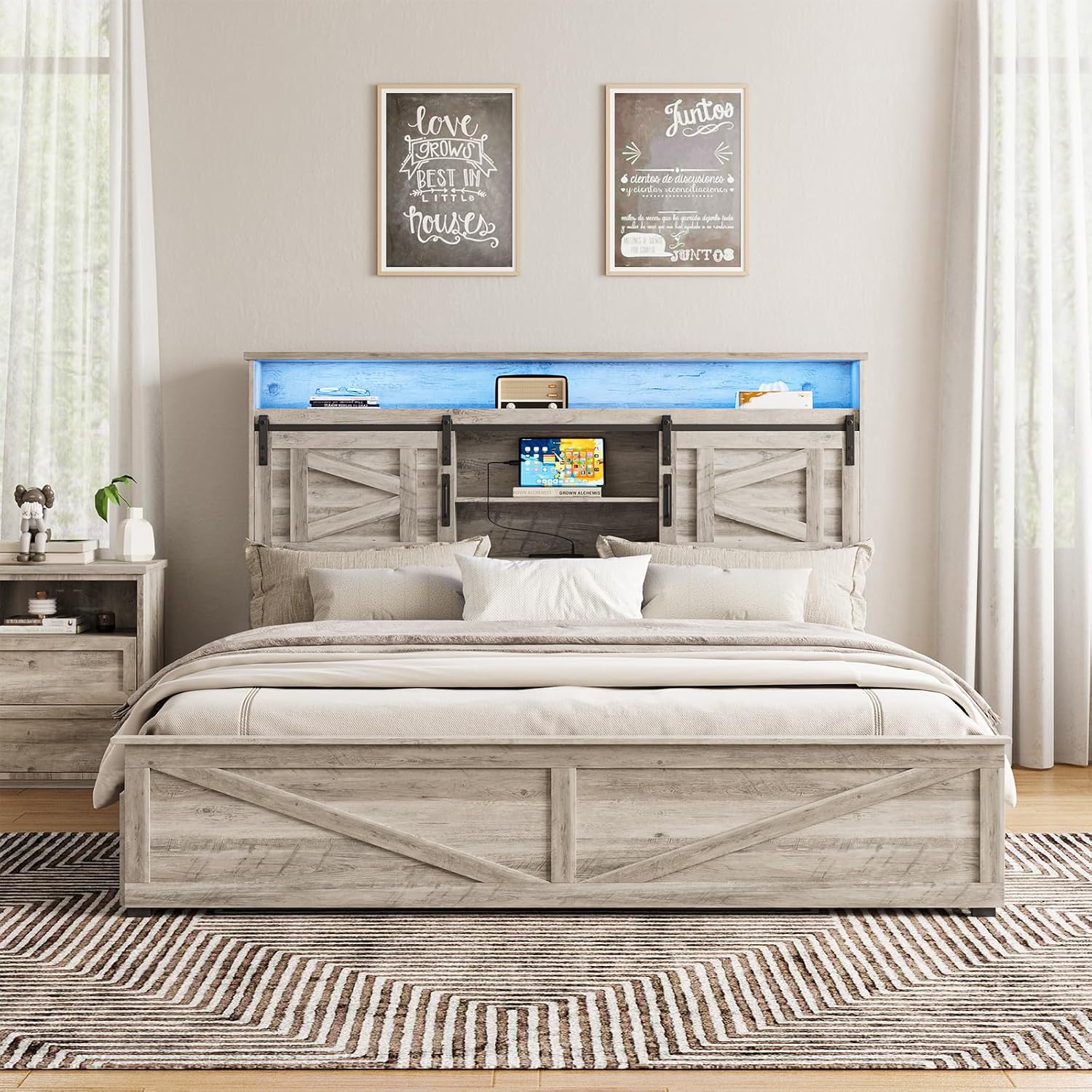 Fameill Farmhouse King Size Bed Frame with 4 Drawers and Bookcase Headboard, Sliding Barn Door Storage Shelves, LED Lights and Charging Station, No Box Spring Needed, Grey