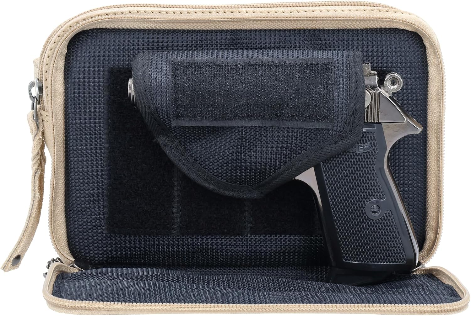 Lady Conceal Kailey Concealed Self Defence Waist Bag by Lady Conceal - Buffalo or Suede Cowhide Leather, 3 Open Sides and Locking Zippers with Universal Holster (Sand) - 8' L x 5.5' H x 2.25'