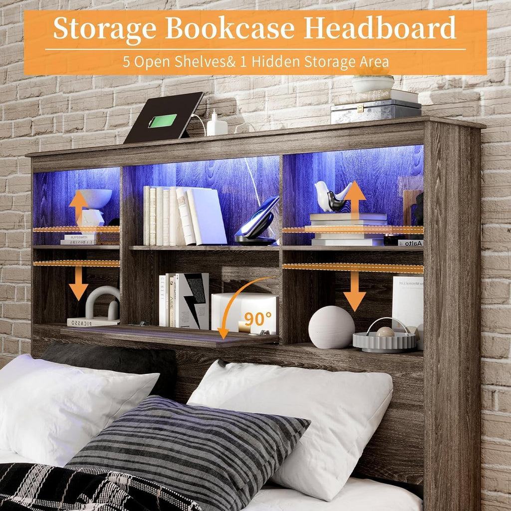 LUXOAK 2-Piece Farmhouse Bedroom Set, King Size Bookcase Bed Frame and 6 Drawers Dresser, Wooden Storage Bed with Charging Station & 4 Drawers, Rustic Chest of Drawers Closet for Bedroom, Grey