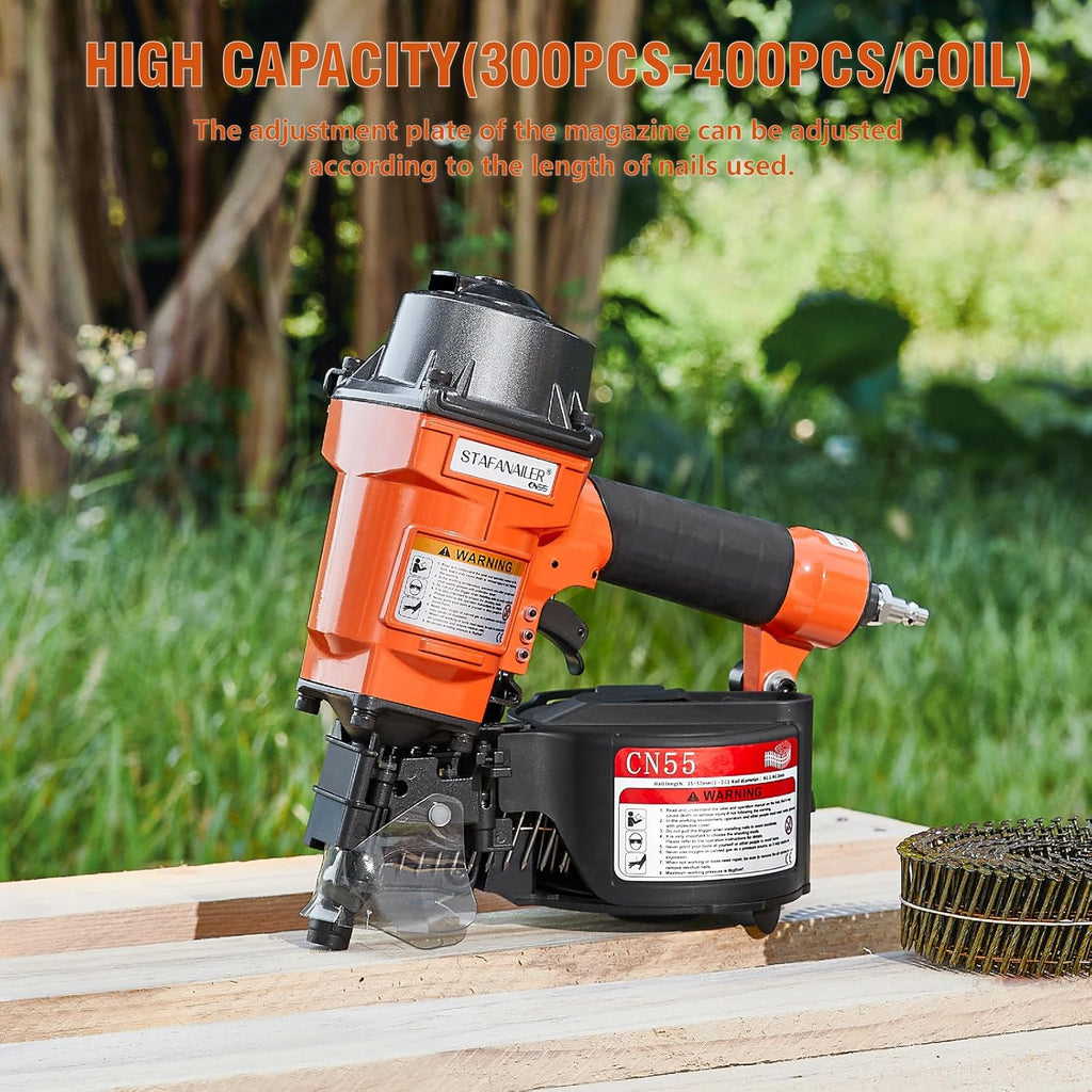 Update CN55 Siding Nailer for 1-Inch up to 2-1/4-Inch Nails, 15 Degree Coil Nail Gun with Bump Firing for Fast Nailing Speed, Coil Nail Gun for Pallets, Siding, Crating, Fencing, Decking