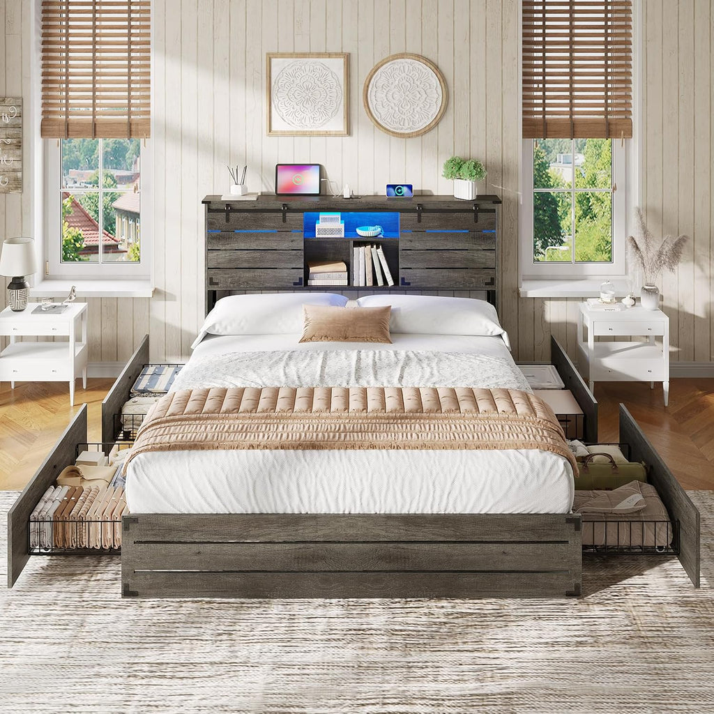 VIAGDO Wooden Bed Frame Full Size with Bookcase Headboard and Sliding Barn Door, Farmhouse Bed Frame Full Size with Charging Station, LED Lights and 4 Storage Drawers, No Box Spring Needed, Grey