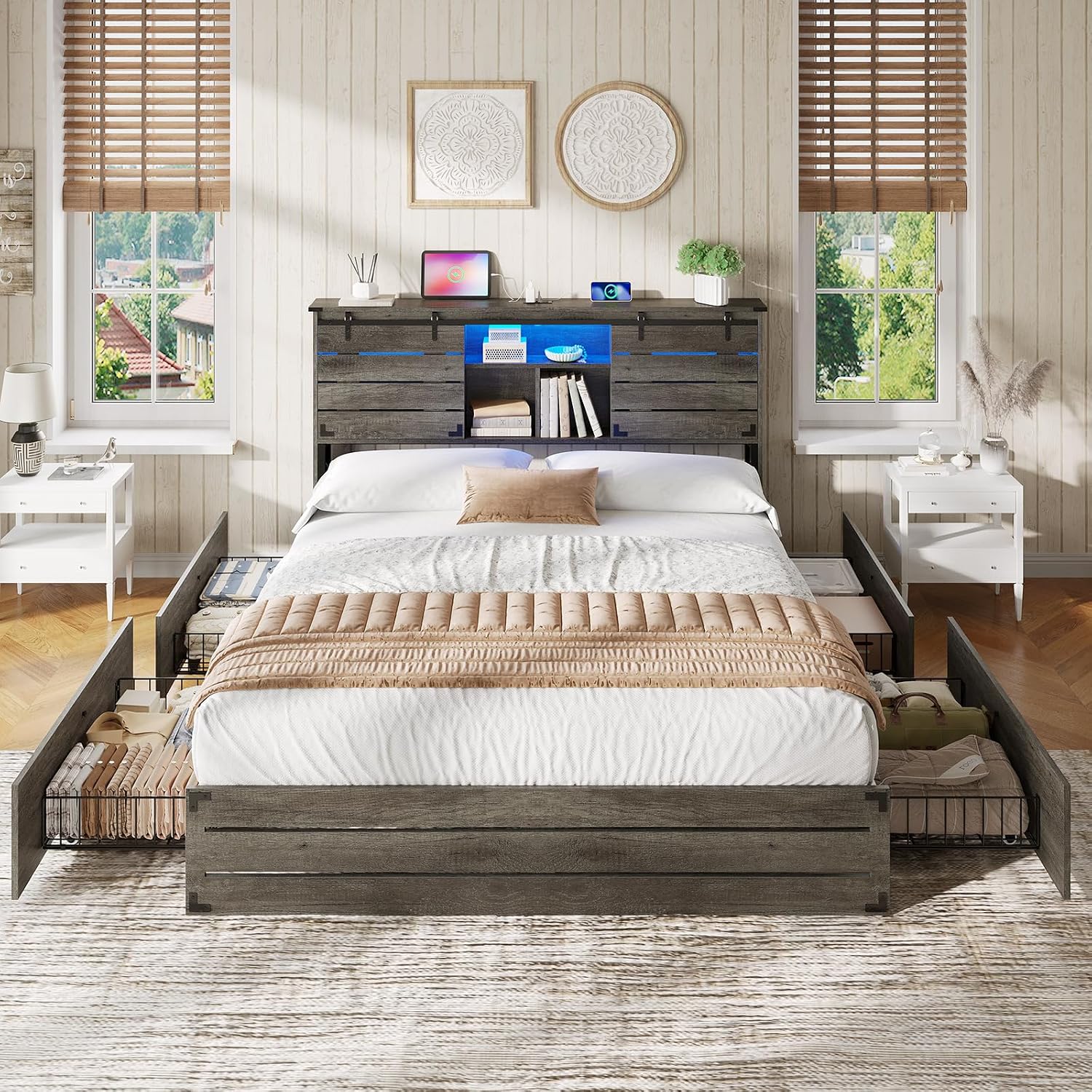 VIAGDO Wooden Bed Frame Full Size with Bookcase Headboard and Sliding Barn Door, Farmhouse Bed Frame Full Size with Charging Station, LED Lights and 4 Storage Drawers, No Box Spring Needed, Grey