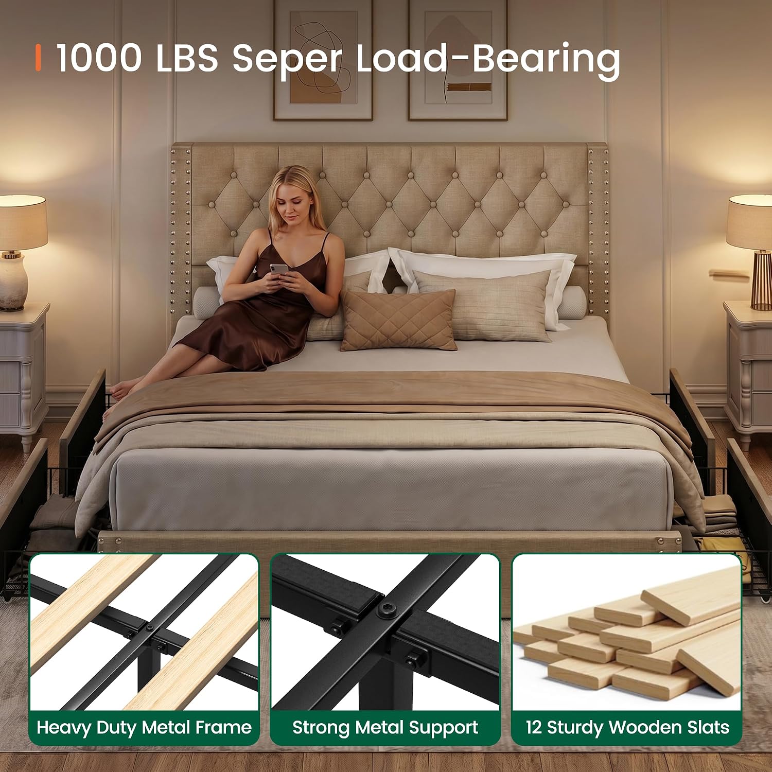 LARMACE King Size Bed Frame with 4 Storage Drawers and Tufted Headboard Linen Upholstered Platform Bed Frame with Heavy Duty Wood Slats, No Box Spring Needed, Easy Assembly, Beige