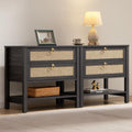 SICOTAS Night Stands Set of 2 for Bedroom, Large Bedside Tables with Drawer & Open Shelf, Wide Boho Rattan Nightstand Set Narrow Side Table for Master Bedroom