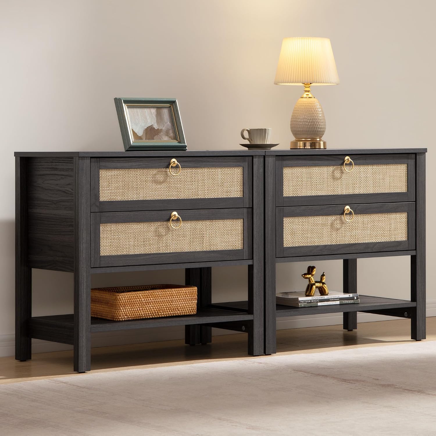 SICOTAS Night Stands Set of 2 for Bedroom, Large Bedside Tables with Drawer & Open Shelf, Wide Boho Rattan Nightstand Set Narrow Side Table for Master Bedroom