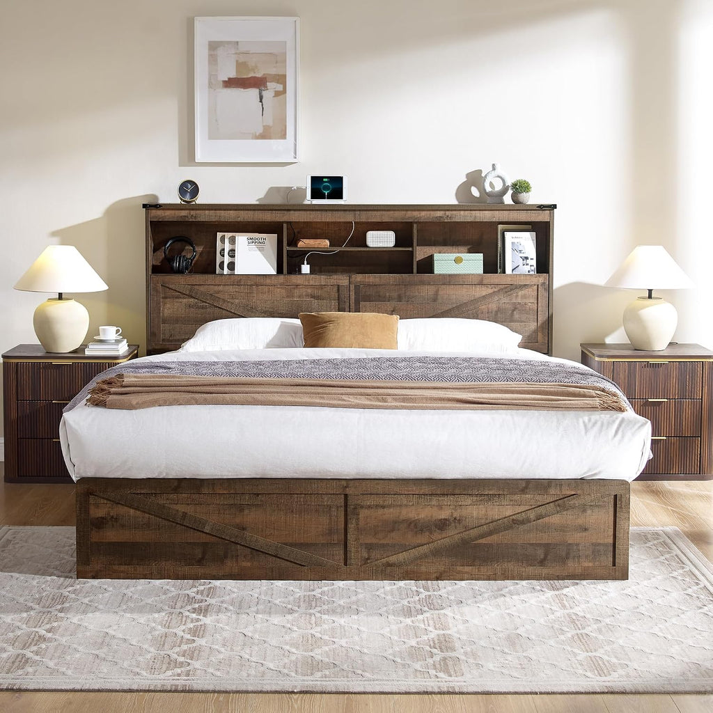 ACCOHOHO Farmhouse King Size Bed Frame with 52' High Storage Bookcase Headboard and 4 Drawers,Wooden Bed Frame with LED Light and Charging Station,Light Brown