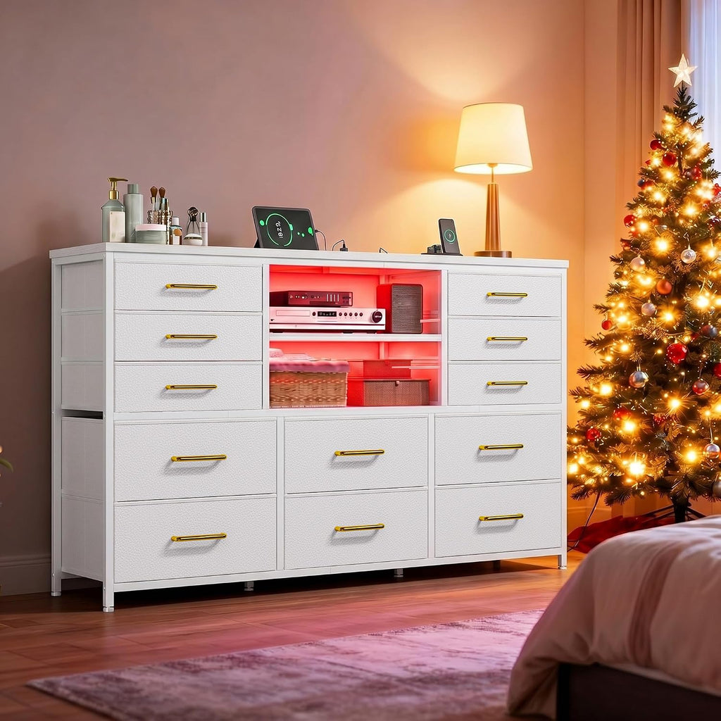 EnHomee 12 Drawers Dresser for Bedroom with LED Lights & Charging Station, TV Stands for 55/60'' TV, Fabric Dressers & Chests of Drawers with 3 Wooden Shelves for Hallway,Sturdy,White
