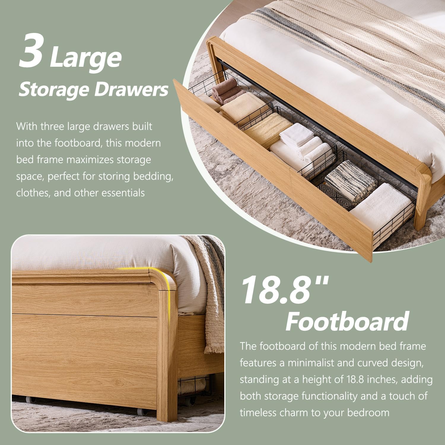 Aitjunz Modern King Size Bed Frame with 50' Tall Headboard, Wood King Size Platform Bed Frame w/3 Storage Drawers, Curved Profile Design, Wood & Steel Platform Bed, No Box Spring Needed, Natural Oak