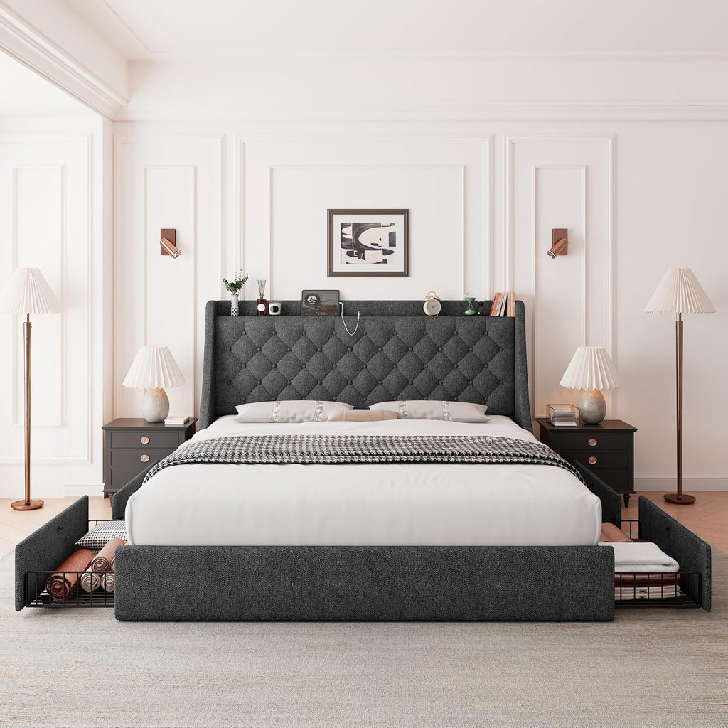 Feonase King Size Bed Frame with 4 Storage Drawers, Upholstered Storage Bed with Charging Station, Tufted Wingback Headboard, No Box Spring Needed, Dark Grey