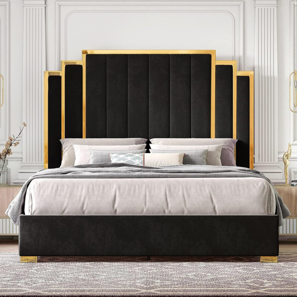 HOWE California King Size Bed Frame and 65' Headboard, Upholstered Bed with Golden Plating Trim, Modern Platform Bed No Box Spring Needed, Black