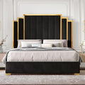 HOWE California King Size Bed Frame and 65' Headboard, Upholstered Bed with Golden Plating Trim, Modern Platform Bed No Box Spring Needed, Black